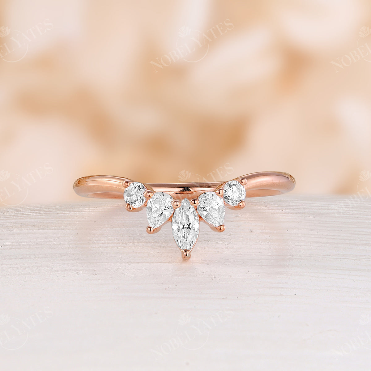 Marquise Cut Moissanite Vintage Curved Wedding Band Rose Gold