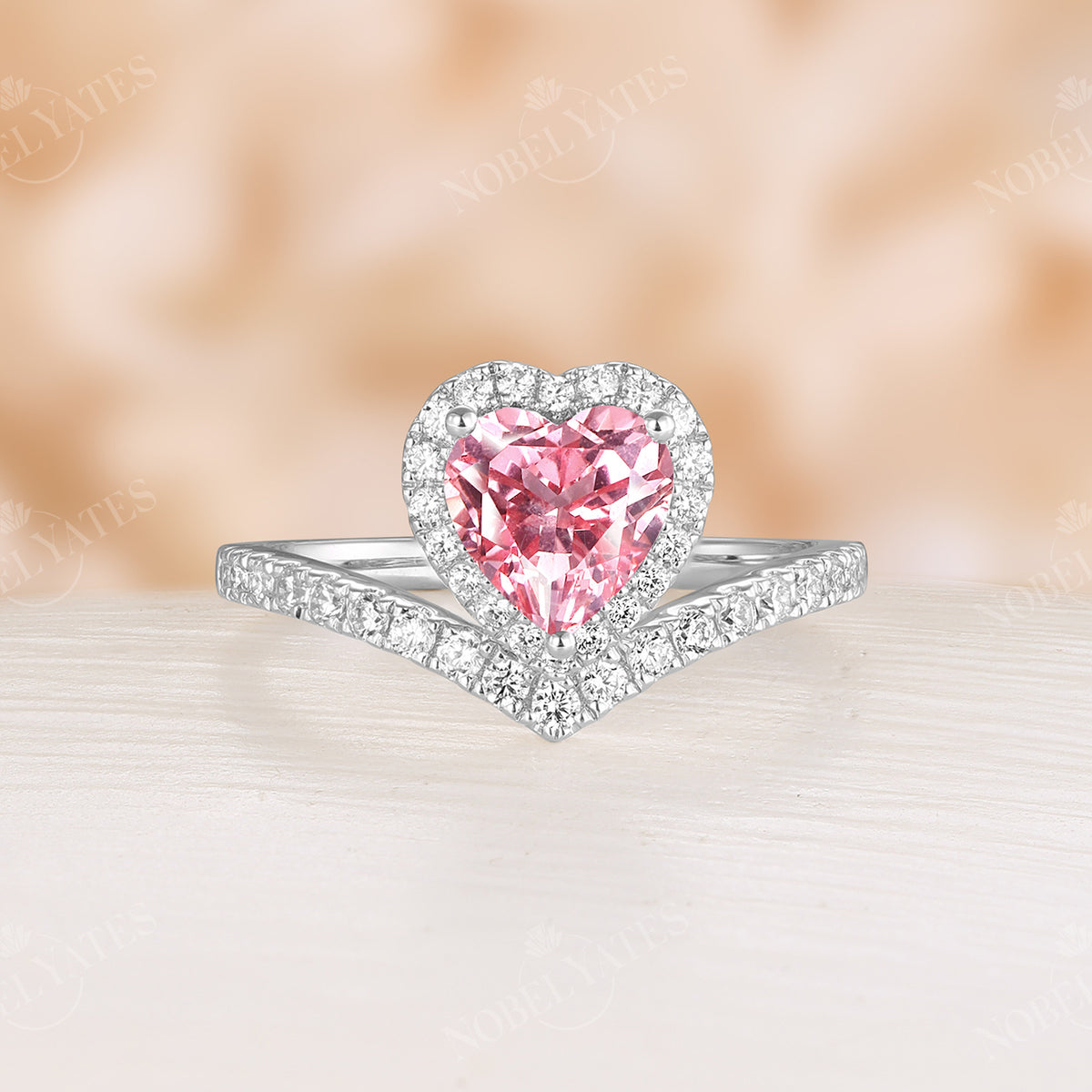 Halo Padparadscha Heart Shape Engagement Ring Rose Gold