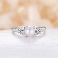 Leaf Style Akoya Pearl Engagement Ring Side Stones