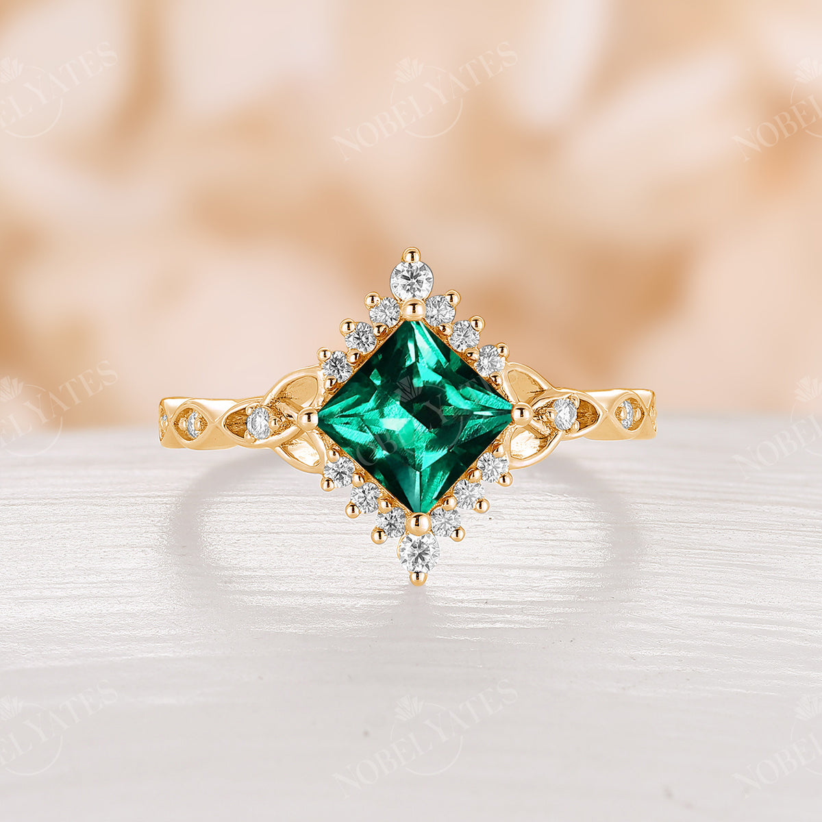 Lab Emerald Princess Cut Engagement Ring Celtic Rose Gold