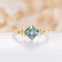 Princess Cut Moss Agate Celtic Knot Yellow Gold Engagement Ring