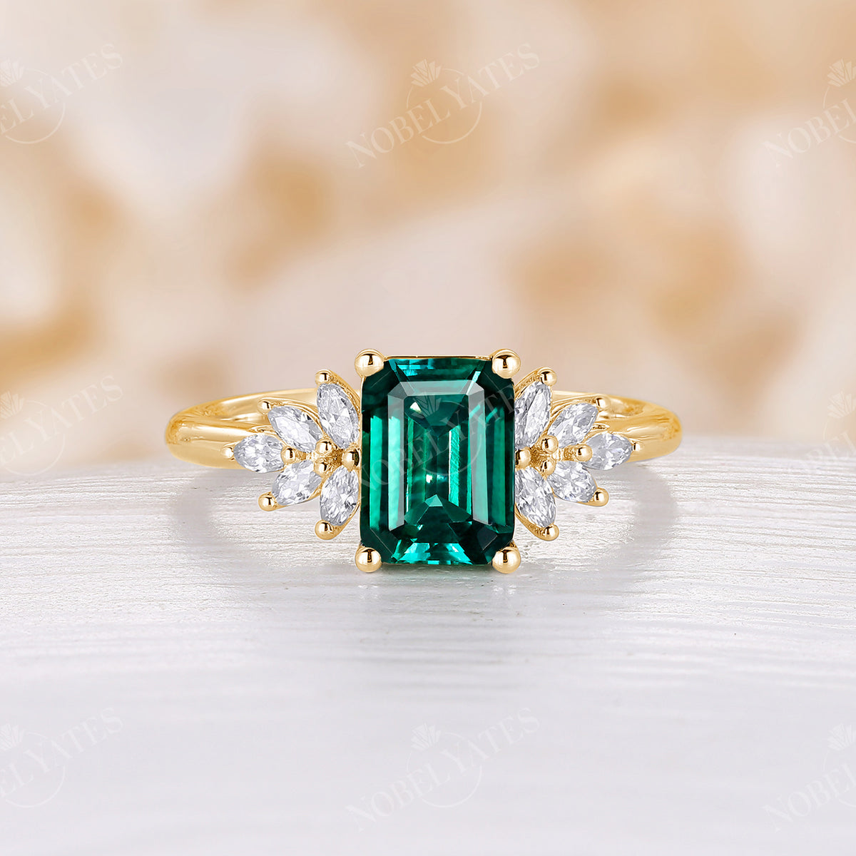 Emerald Cut Lab Emerald Vintage Cluster Engagement Ring Rose Gold