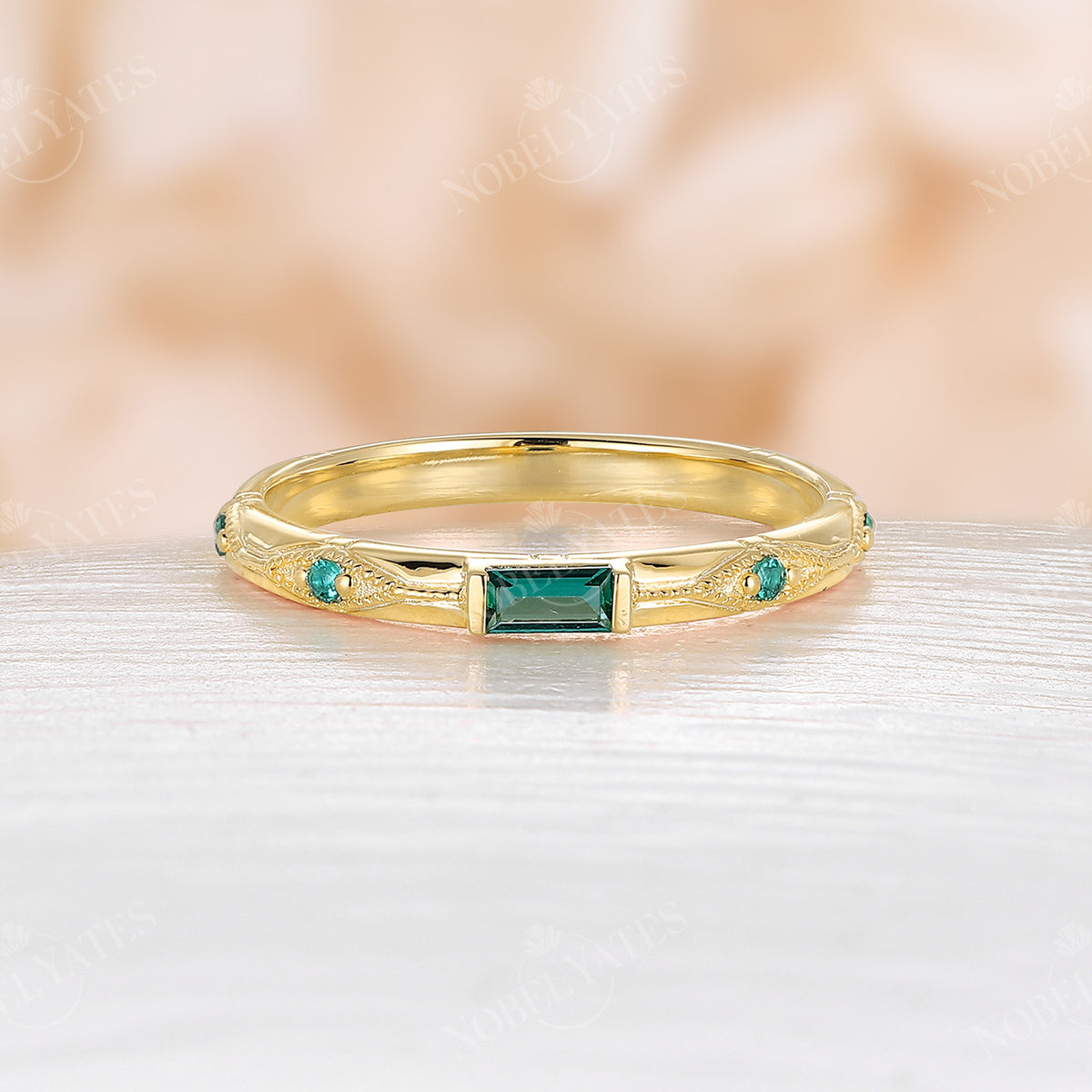 Baguette Lab Emerald Art Deco Milgrain Wedding Band Rose Gold