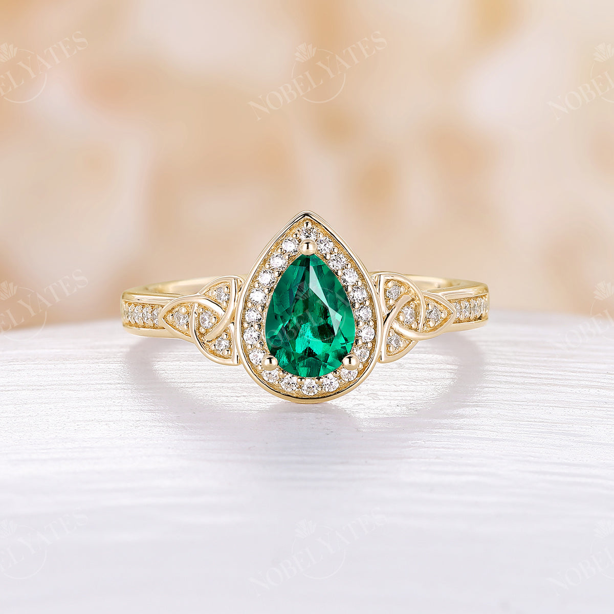 Pear Lab Emerald Halo Engagement Ring Celtic Rose Gold Pave Band