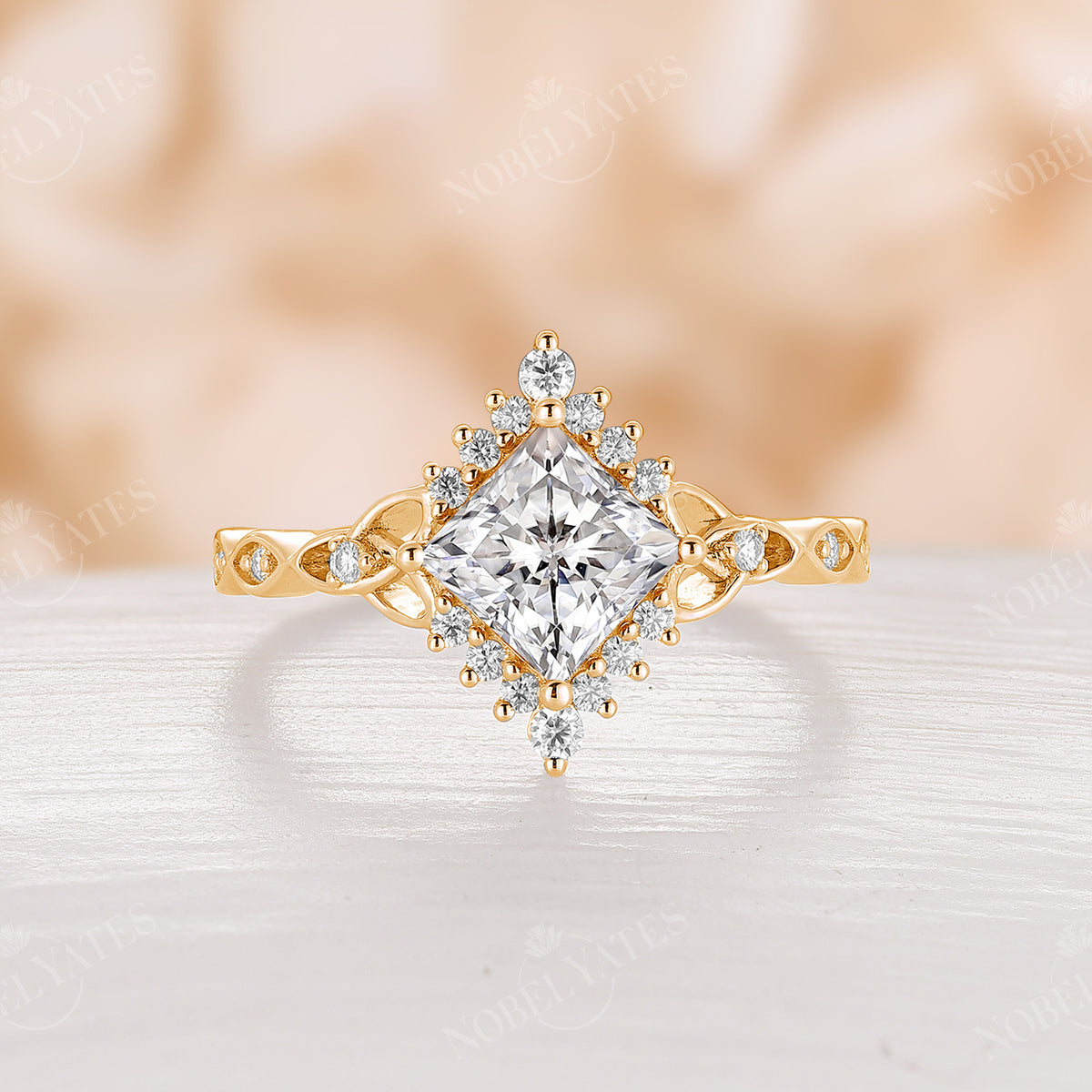 Celtic Princess Cut Moissanite Rose Gold Unique Halo Ring