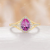Lab Pink Sapphire Halo Split Band Rose Gold Engagement Ring