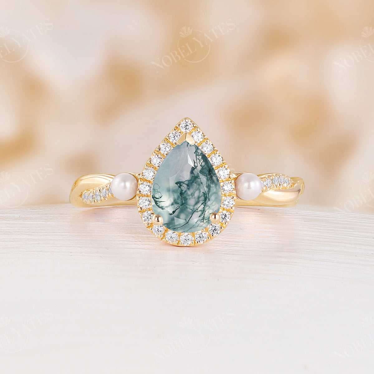 Pear Moss Agate Halo Engagement Ring Pearl Twist Rose Gold