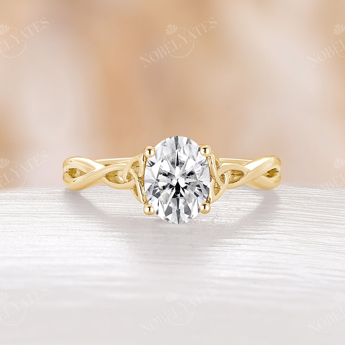 Oval Moissanite Solitaire Celtic Kont Engagement Ring Yellow Gold