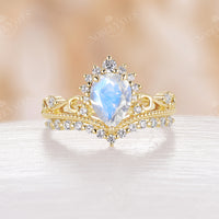 Pear Crown Moonstone Vintage Rose Gold Engagement Ring