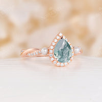 Pear Moss Agate Halo Engagement Ring Pearl Twist Rose Gold