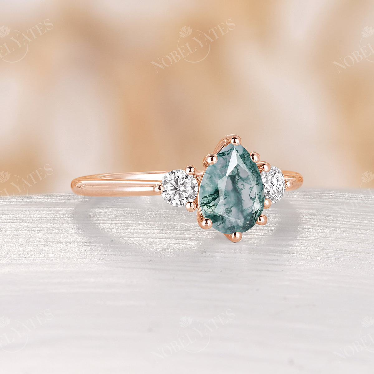 Pear Cut Moss Agate Classic Rose Gold Three Stone Engagement Ring