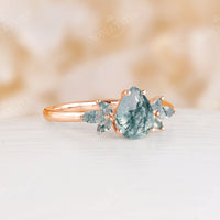 Moss Agate Pear&Marquise Leaf Rose Gold Engagement Ring