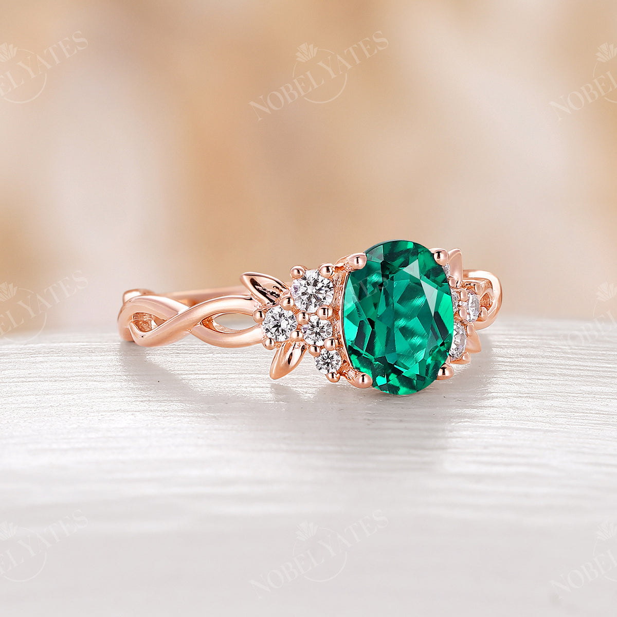 Oval Lab Emerald Twist Band Rose Gold Nature Engagement Ring