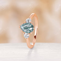Pear Cut Moss Agate Classic Rose Gold Three Stone Engagement Ring