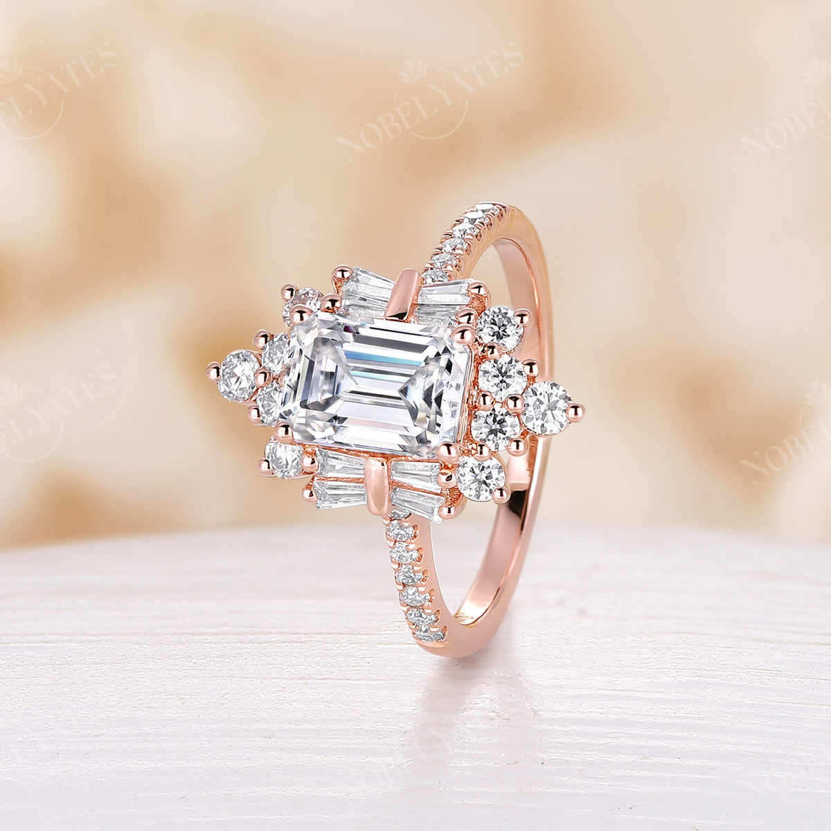 Art Deco Emerald Cut Moissanite Cluster & Pave Engagement Ring Rose Gold