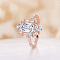 Art Deco Emerald Cut Moissanite Cluster & Pave Engagement Ring Rose Gold