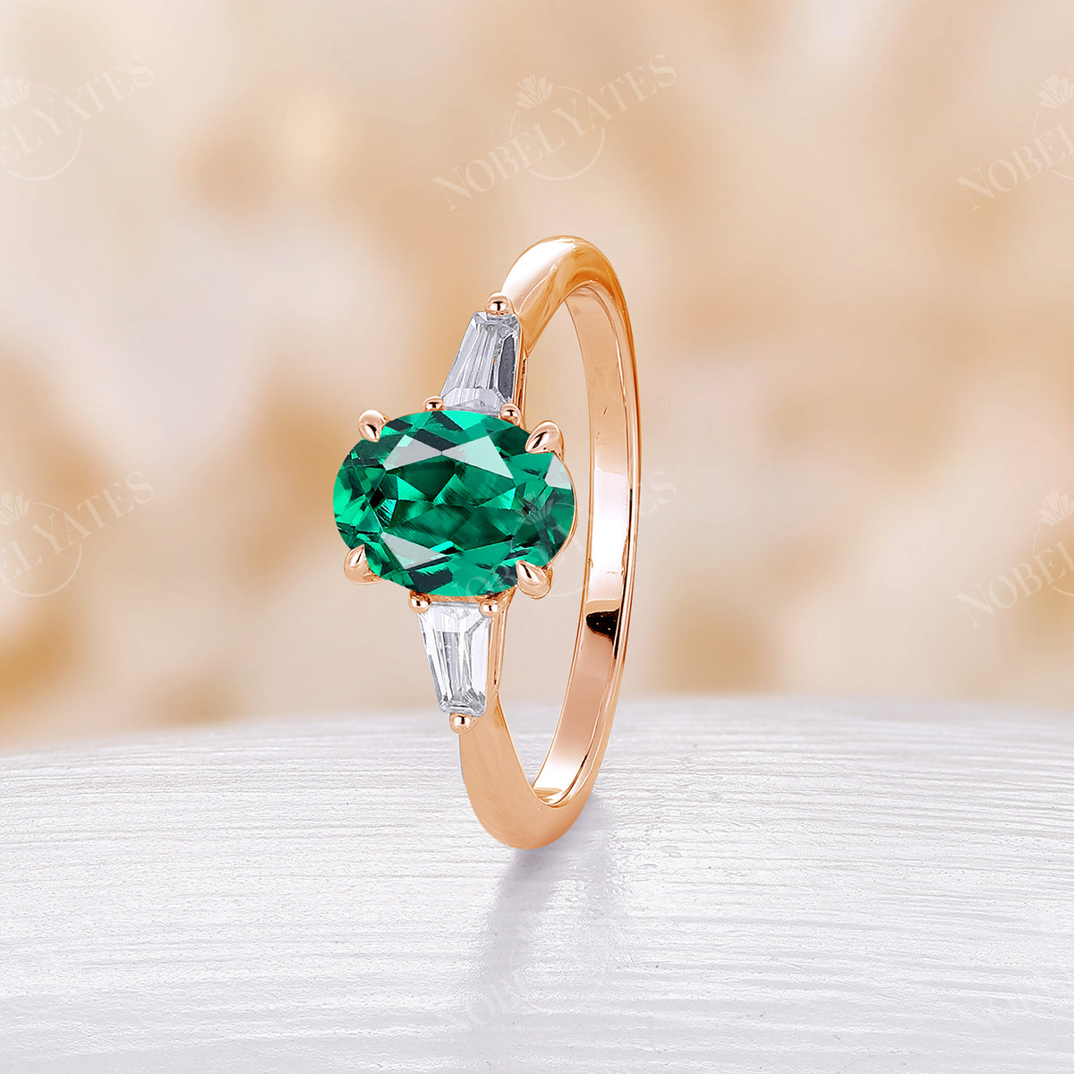 Art Deco Classic Oval Lab Emerald Engagement Ring Three Stones