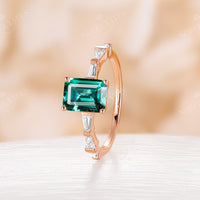 Lab Emerald Baguette Side Stone Rose Gold Engagement Ring