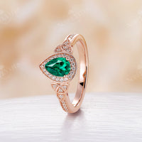 Pear Lab Emerald Halo Engagement Ring Celtic Rose Gold Pave Band