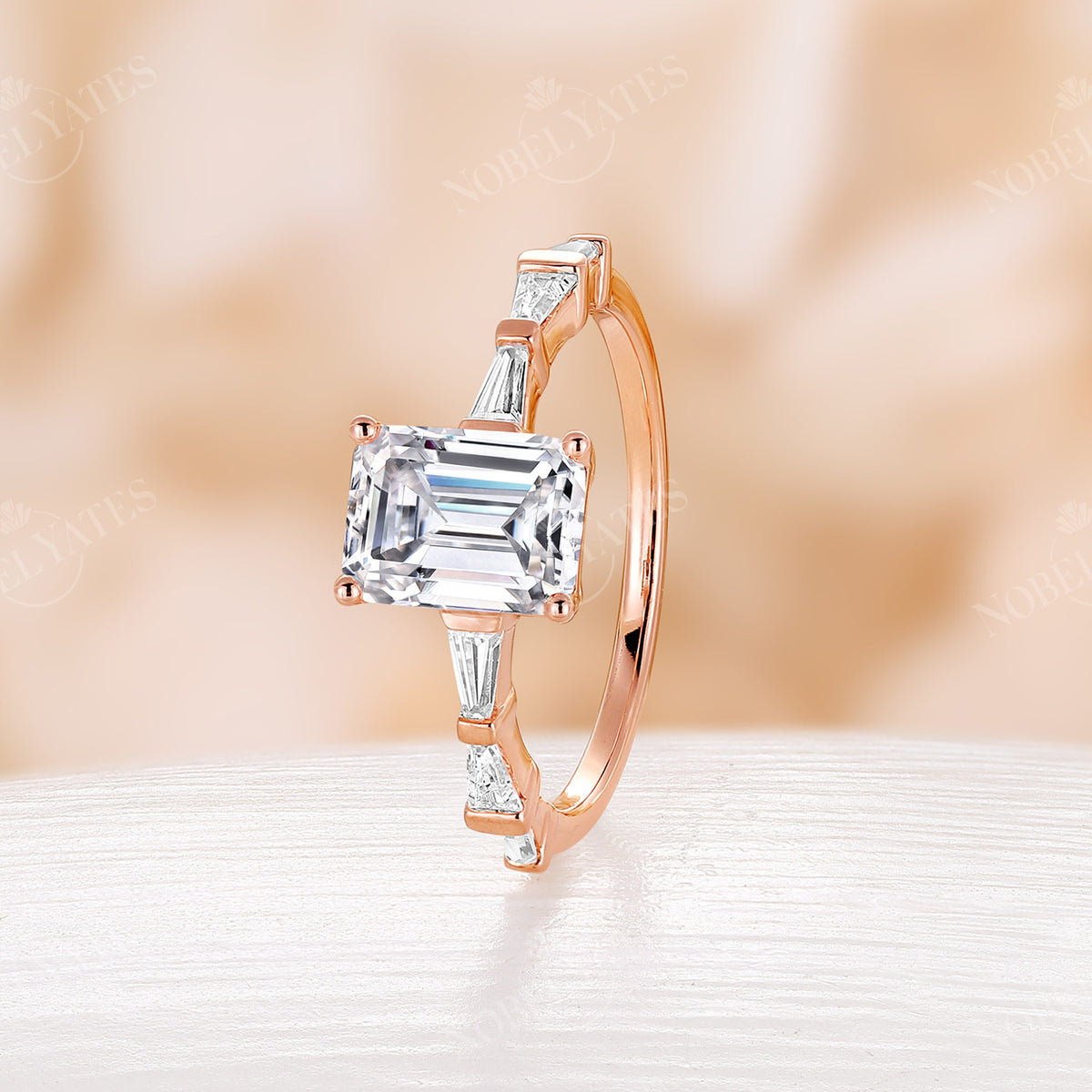 Moissanite Emerald Cut Baguette Side Stone Engagement Ring