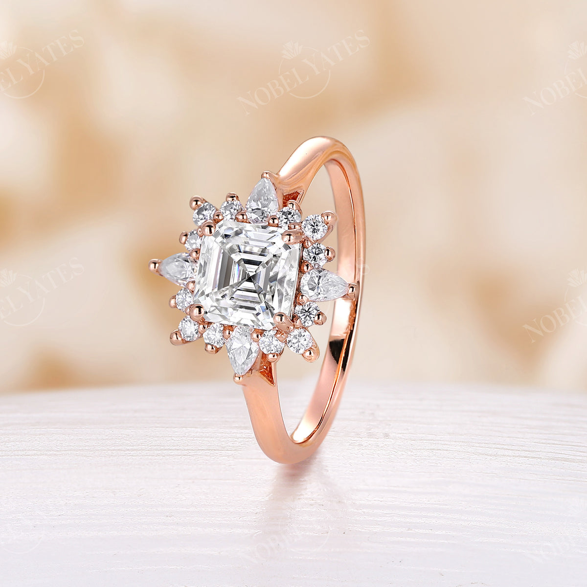 Asscher Cut Moissanite Vintage Halo Engagement Ring Rose Gold