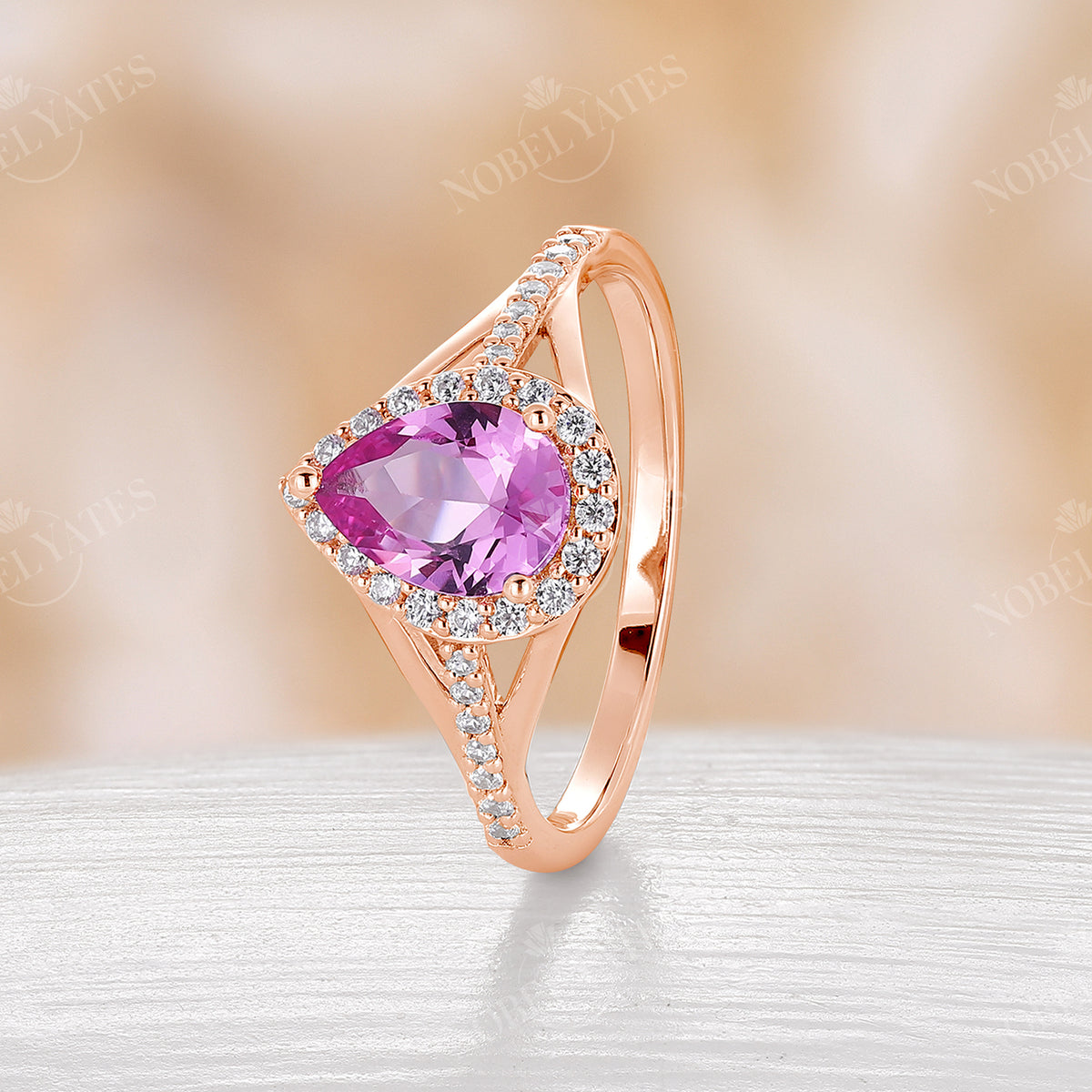 Lab Pink Sapphire Halo Split Band Rose Gold Engagement Ring