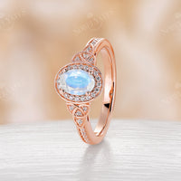 Antique Blue Moonstone Halo Celtic Engagement Ring Rose Gold