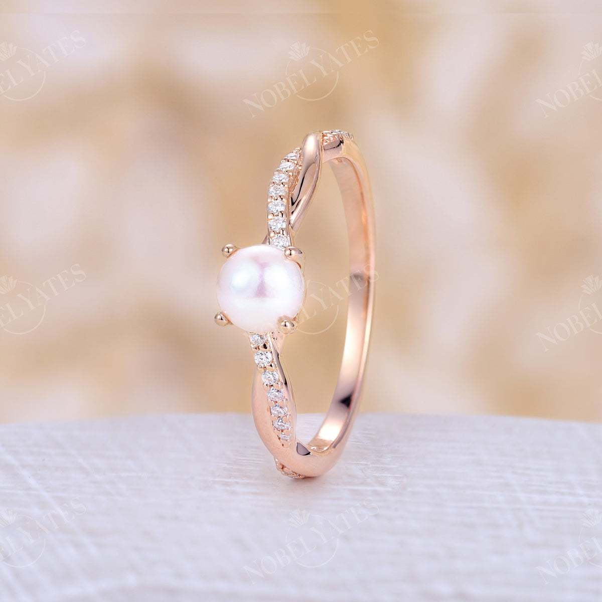 Akoya Pearl Vintage Twist & Pave Engagement Ring Rose Gold
