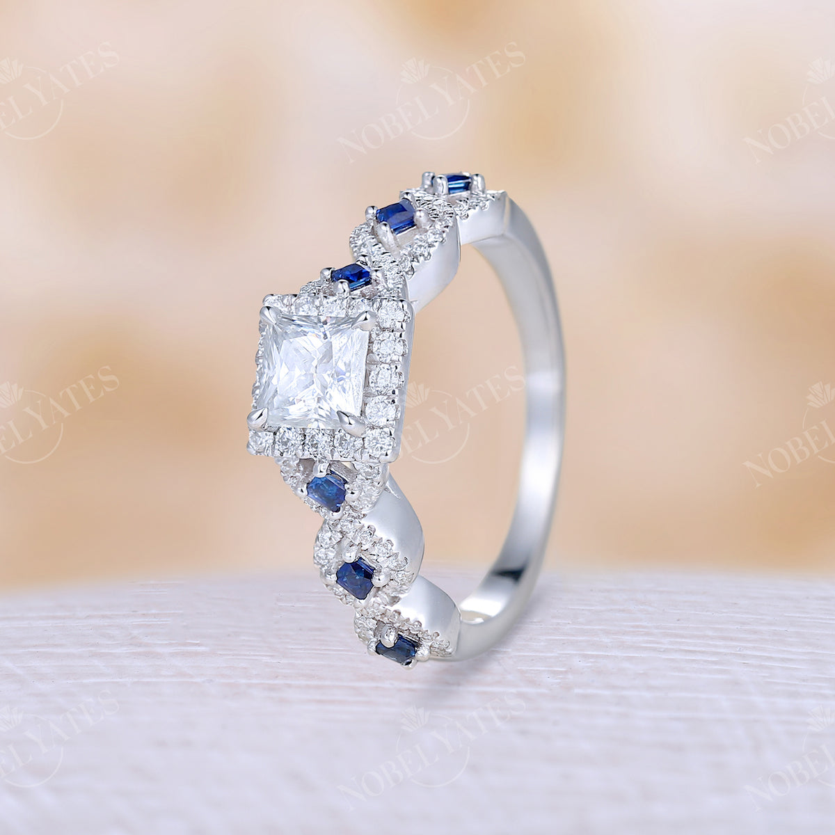 Princess Cut Moissanite & Sapphire Rose Gold Halo Engagement Ring