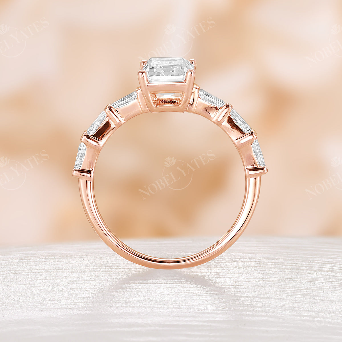 Moissanite Emerald Cut Baguette Side Stone Engagement Ring