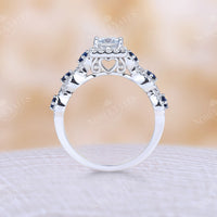 Princess Cut Moissanite & Sapphire Rose Gold Halo Engagement Ring