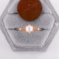 Akoya Pearl & Diamond Vintage Milgrain Engagement Ring Rose Gold