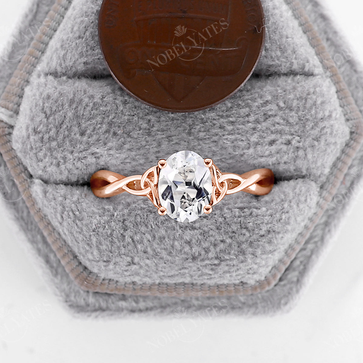 White Topaz Oval Solitaire Celtic Engagement Ring Rose Gold