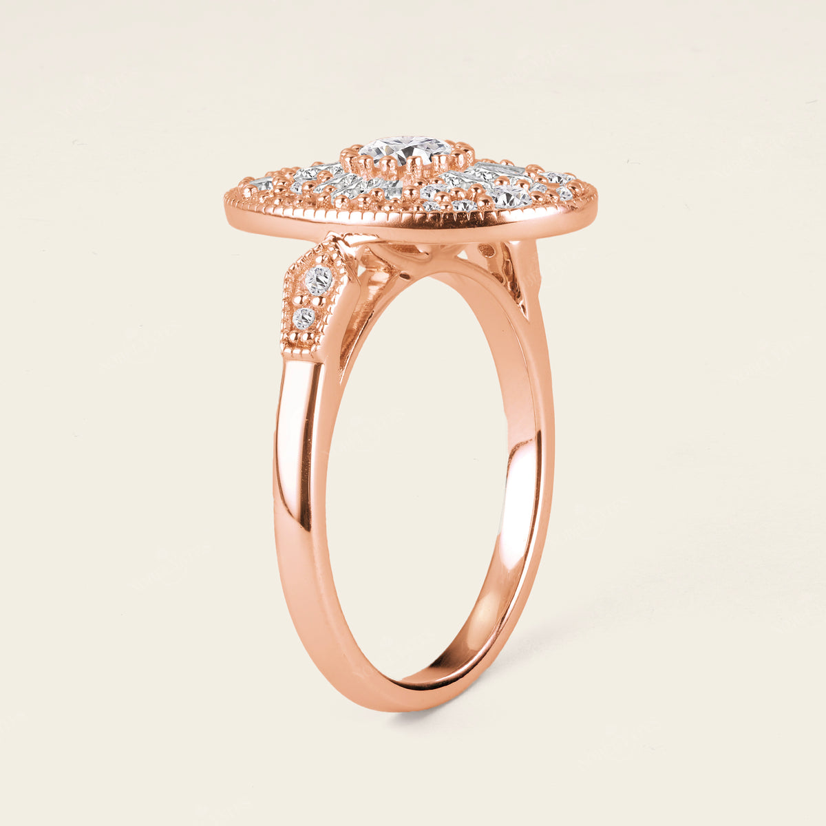 Art Deco Oval Shape Round Lab Diamond Halo Mosaic Engagement Ring