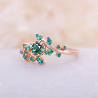 Nature Inspired Lab Alexandrite & Emerald Leaf Engagement Ring Rose Gold