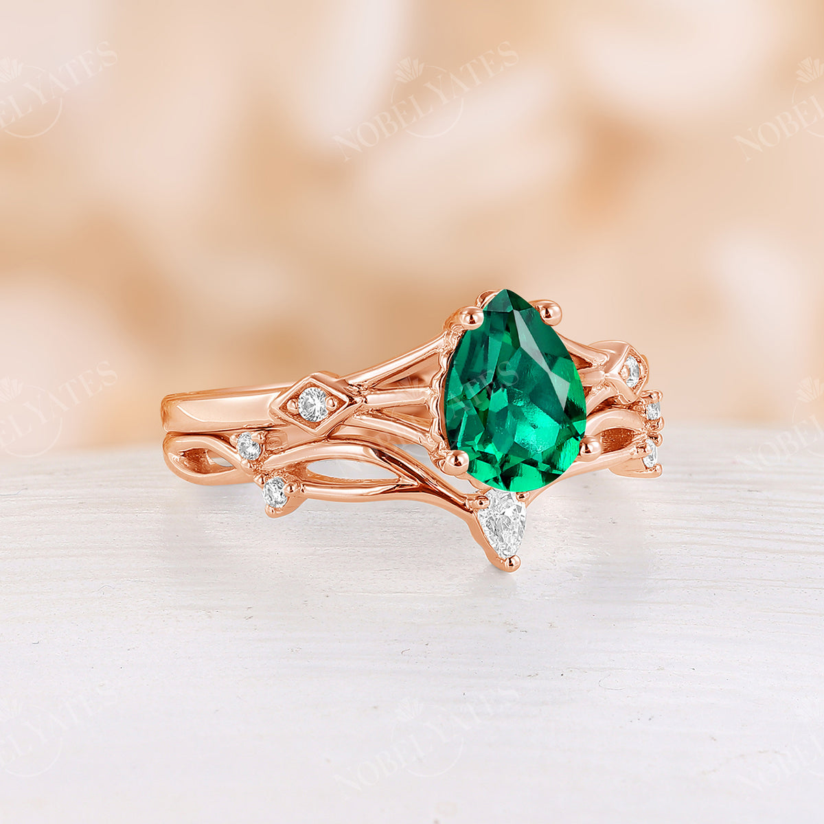 Pear Lab Emerald Vintage Engagement Ring Set Split Band Rose Gold