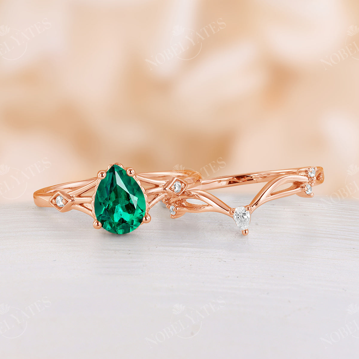 Pear Lab Emerald Vintage Engagement Ring Set Split Band Rose Gold