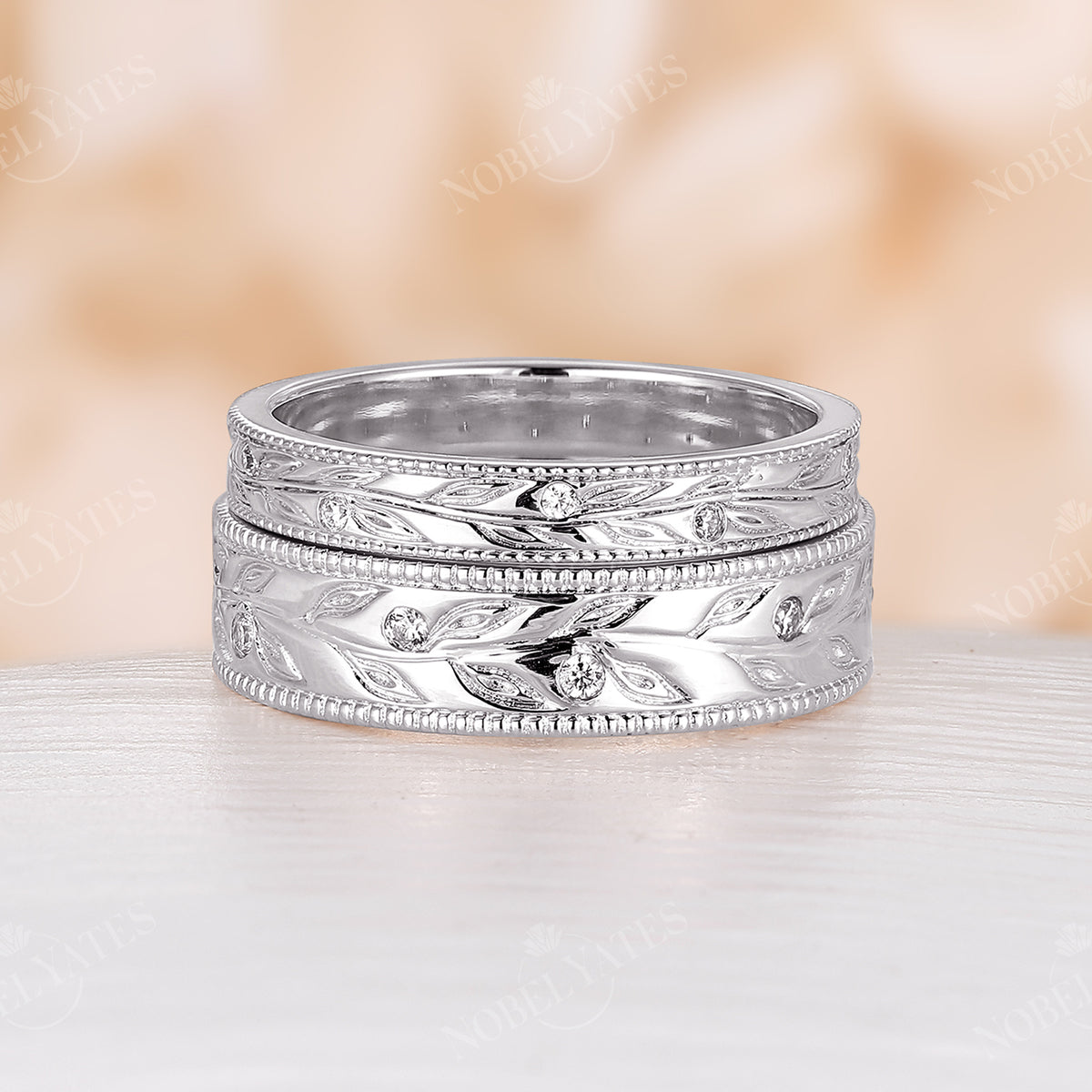 Nature Leaf Diamond Wedding Band Set Milgrain Couple's Ring