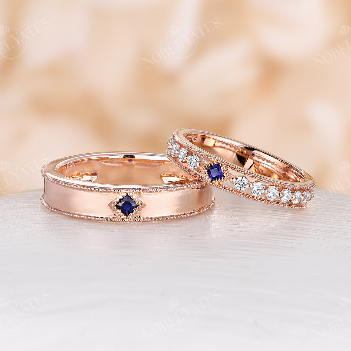 Princess cut Lab Sapphire Wedding Band His and Her Rose Gold Band