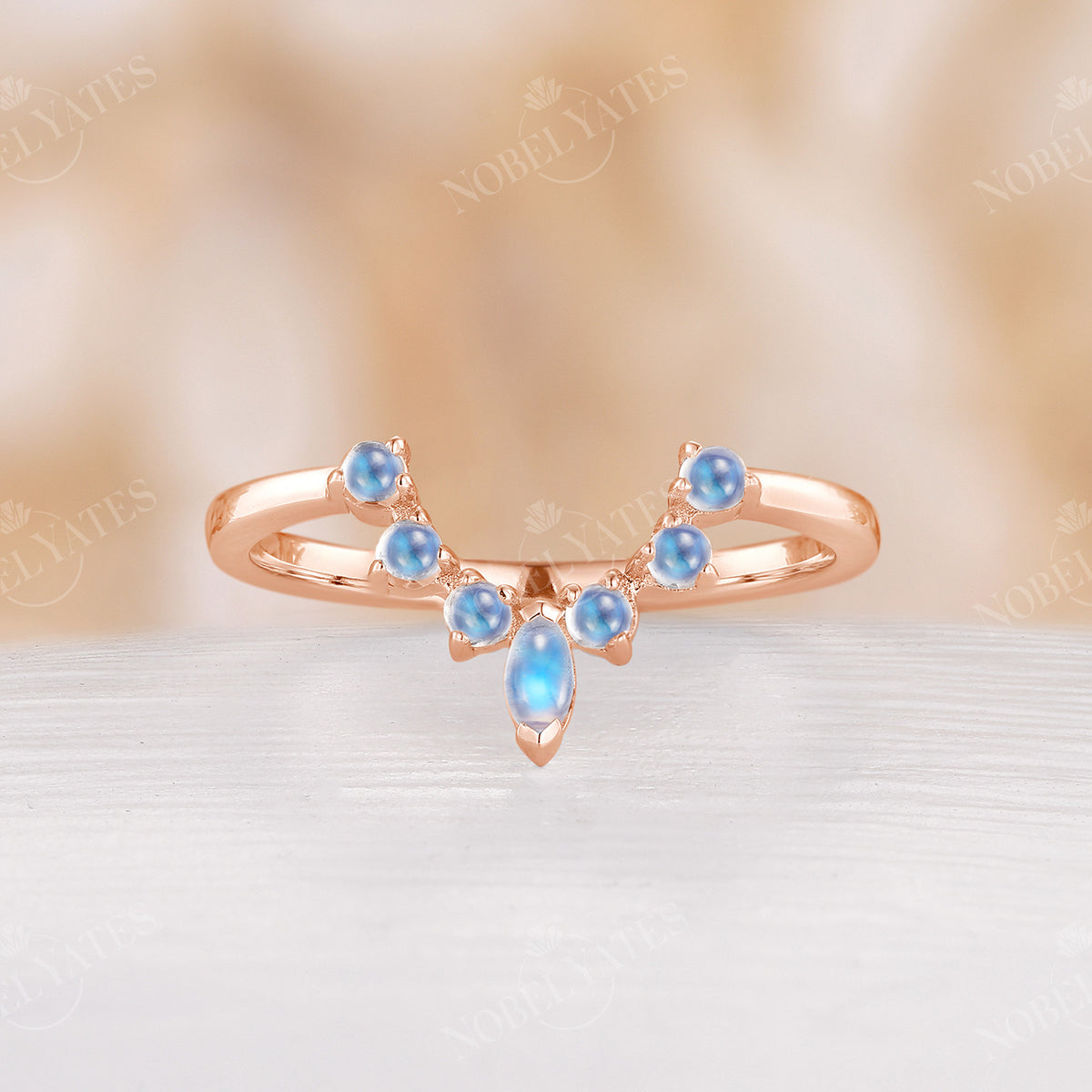 Marquise & Round Blue Moonstone Curved Wedding Band Rose Gold
