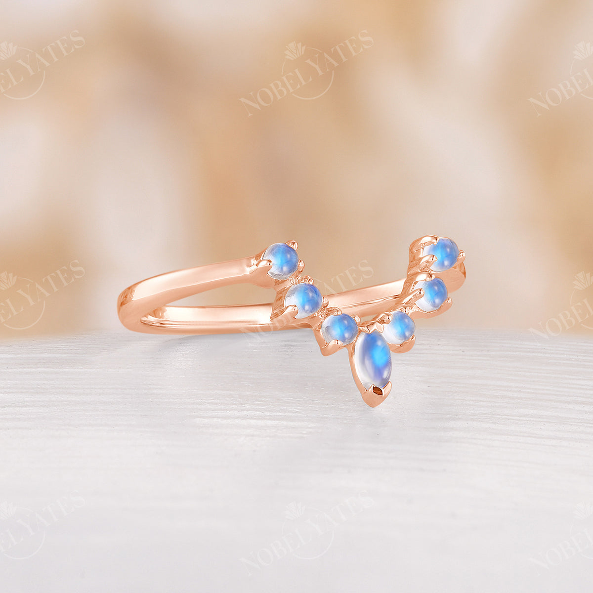 Marquise & Round Blue Moonstone Curved Wedding Band Rose Gold