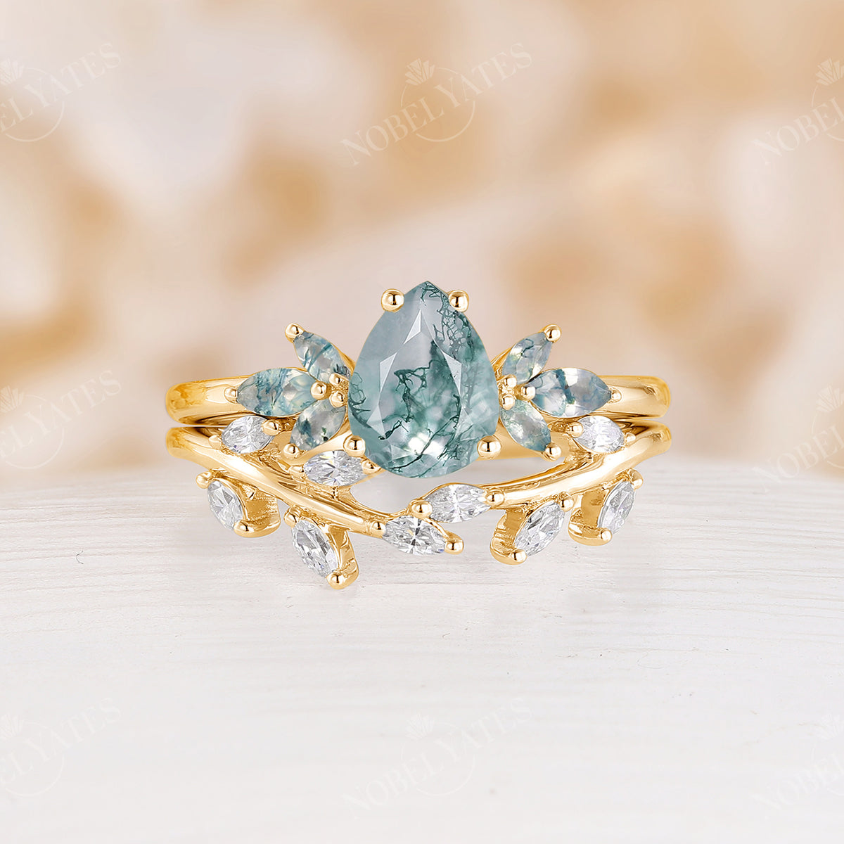 Leaves Pear Moss Agate Nature Engagement Ring Set Rose Gold