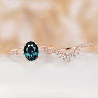 Natural Teal Sapphire Oval Rose Gold Bridal Set Curved Matching Band