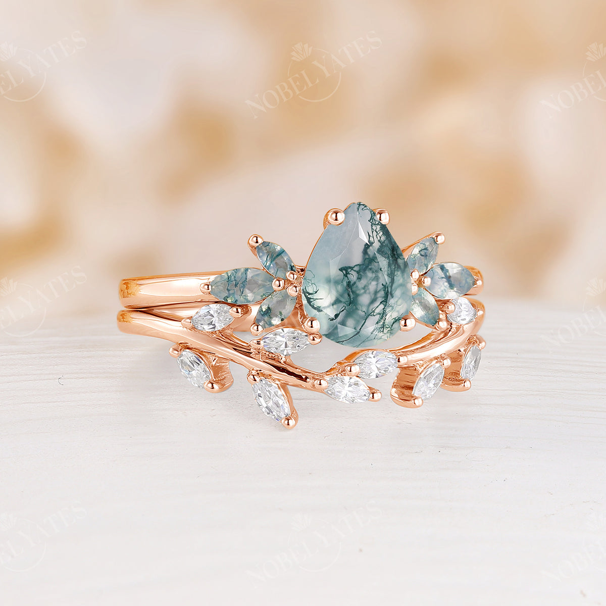 Leaves Pear Moss Agate Nature Engagement Ring Set Rose Gold