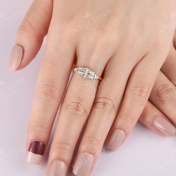 Art Deco Baguette Shape CZ Rose Gold Cluster Wedding Band