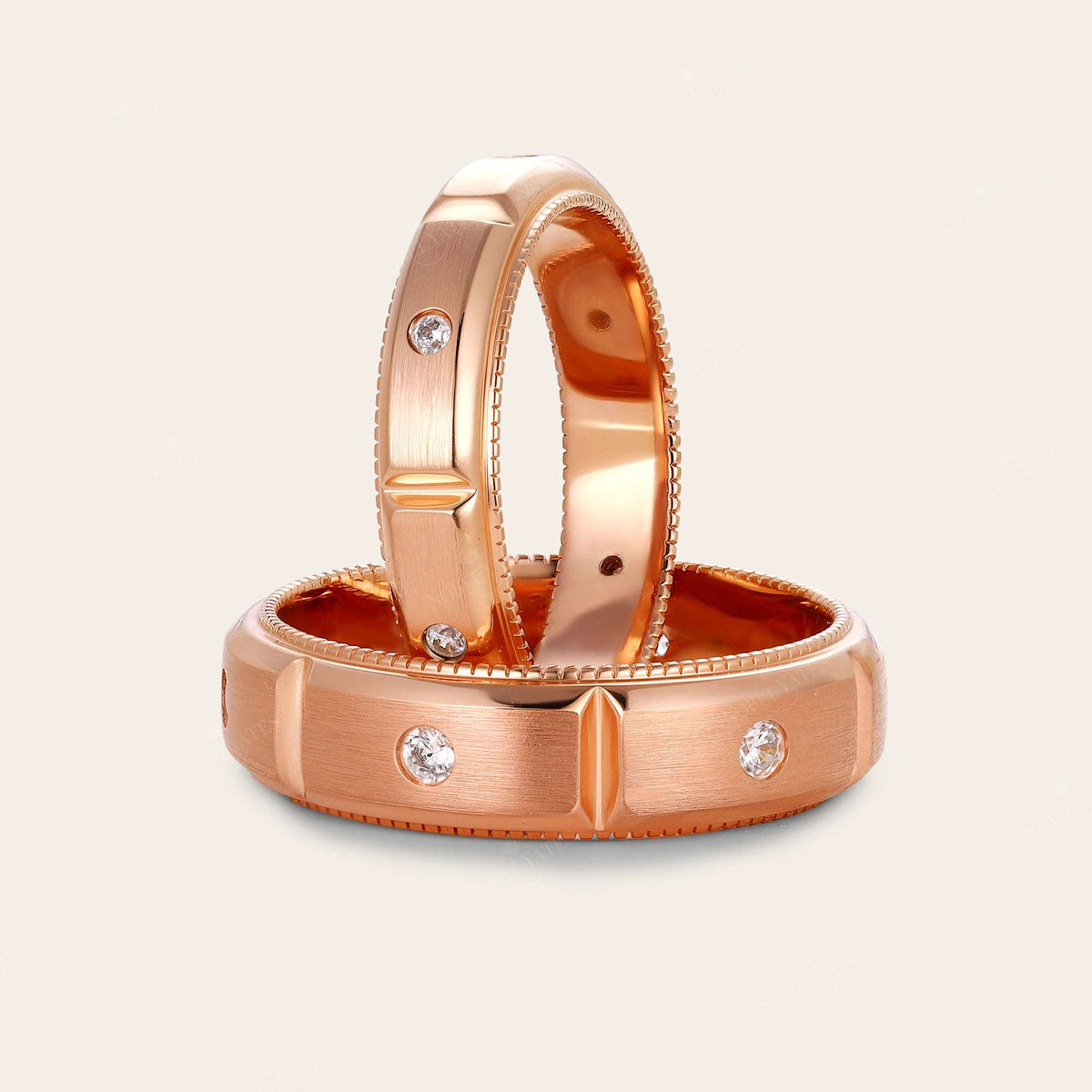 Art Deco Lab Diamond Milgrain Wedding Band Couples