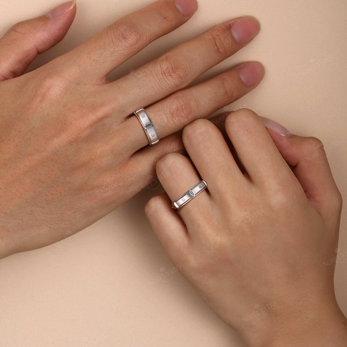 Art Deco Lab Diamond Milgrain Wedding Band Couples