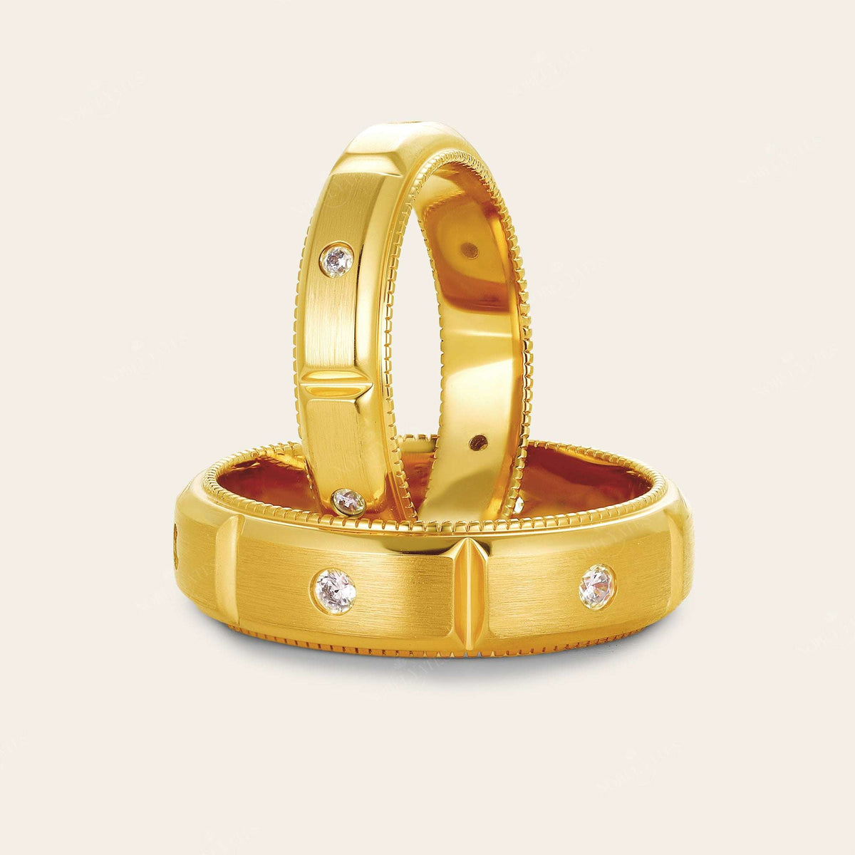 Art Deco Lab Diamond Milgrain Wedding Band Couples