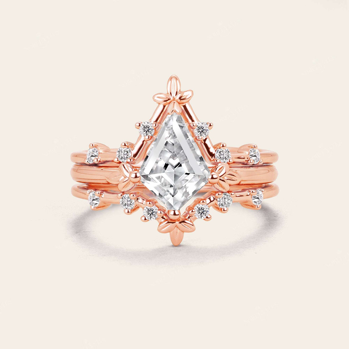 Half Rose Cut Kite Moissanite Art Deco Engagement Ring Sets 3pcs-Nobel Yates