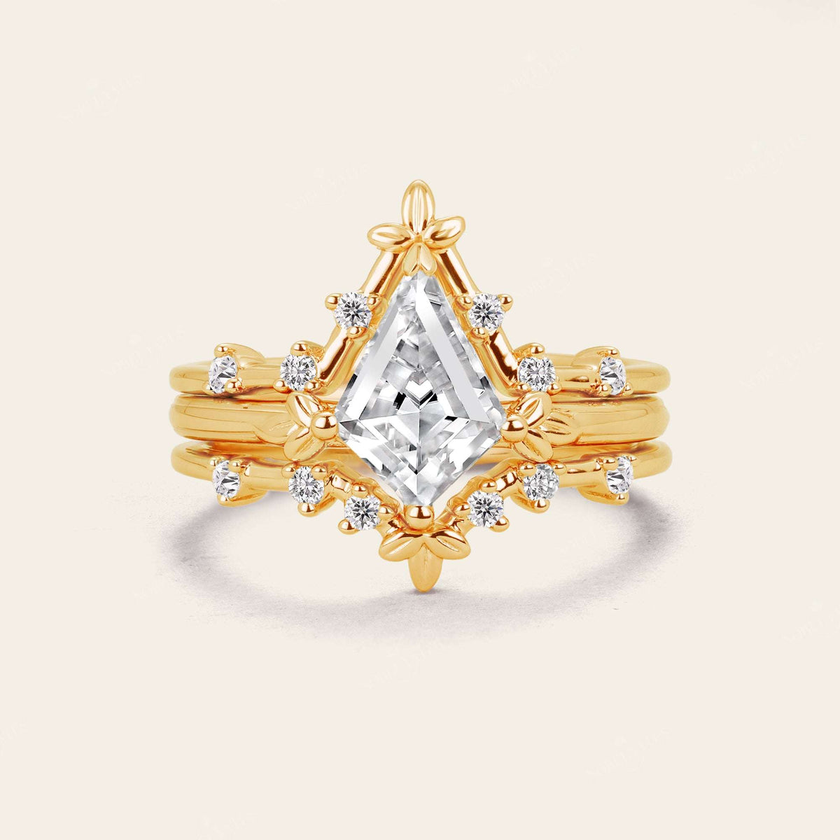 Half Rose Cut Kite Moissanite Art Deco Engagement Ring Sets 3pcs-Nobel Yates